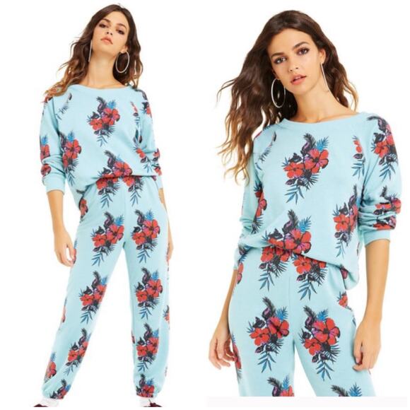 Wildfox Hibiscus Dreams Sweatshirt Pullover Tropical Hawaiian Floral Blue XS - Picture 4 of 9